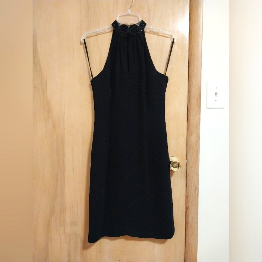 Jones New York knee length little black dress with beaded neckline